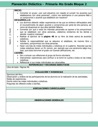 Planeación Didáctica - Primaria 4to Grado Bloque 2
Sesión1(1hora) INICIO:
 Comentar en grupo: ¿por qué actuamos con respeto al cumplir los acuerdos que
establecemos con otras personas?, ¿cómo nos sentiríamos si una persona falta a
un compromiso o acuerdo que estableció con nosotros?
DESARROLLO:
 Los alumnos deberán relatar experiencias en las que se sintieron defraudados ante
el incumplimiento de algún acuerdo o compromiso por parte de otra persona, así
como de situaciones en que ellos también fallaron.
 Comentar por qué a veces los intereses personales se oponen a los compromisos
que se establecen con otras personas, ¿debemos olvidarnos de los demás y
atender nuestros intereses?
 Realizar el ejercicio de la página 48 de su libro de texto acerca de acuerdos
colectivos.
 Señalar la responsabilidad que se adquiere al establecer, de manera libre y
voluntaria, compromisos con otras personas.
 Hacer una lista de metas individuales y colectivas en el cuaderno. Recordar que las
metas colectivas tienen un fin común, por ejemplo que una ceremonia salga muy
bien, que todos terminen el grado con buenas calificaciones, etc.
CIERRE:
 Dar a conocer sus reflexiones al grupo de forma voluntaria.
 Intercambiar experiencias para verificar si se tomó en cuenta a todos en las metas
colectivas.
 Reflexionar si sus metas individuales son alcanzables.
REFERENCIAS Y RECURSOS DIDÁCTICOS
Libro de texto. Páginas 48.
EVALUACIÓN Y EVIDENCIAS
Ejercicios del libro.
Observación y análisis de las participaciones de los alumnos en la realización de las actividades.
Relato de experiencias.
Escrito sobre las metas individuales y colectivas.
Preguntas de reflexión orales o escritas.
ADECUACIONES CURRICULARES
OBSERVACIONES GENERALES
 