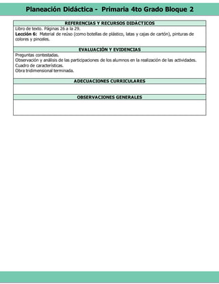 Planeación Didáctica - Primaria 4to Grado Bloque 2
REFERENCIAS Y RECURSOS DIDÁCTICOS
Libro de texto. Páginas 26 a la 29.
Lección 6: Material de reúso (como botellas de plástico, latas y cajas de cartón), pinturas de
colores y pinceles.
EVALUACIÓN Y EVIDENCIAS
Preguntas contestadas.
Observación y análisis de las participaciones de los alumnos en la realización de las actividades.
Cuadro de características.
Obra tridimensional terminada.
ADECUACIONES CURRICULARES
OBSERVACIONES GENERALES
 