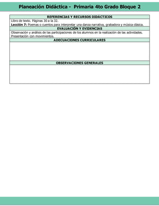 Planeación Didáctica - Primaria 4to Grado Bloque 2
REFERENCIAS Y RECURSOS DIDÁCTICOS
Libro de texto. Páginas 30 a la 32.
Lección 7: Poemas o cuentos para interpretar una danza narrativa, grabadora y música clásica.
EVALUACIÓN Y EVIDENCIAS
Observación y análisis de las participaciones de los alumnos en la realización de las actividades.
Presentación con movimientos.
ADECUACIONES CURRICULARES
OBSERVACIONES GENERALES
 