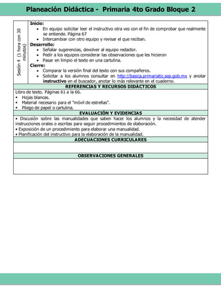 Planeación Didáctica - Primaria 4to Grado Bloque 2
Sesión4(1horacon30
minutos) Inicio:
 En equipo solicitar leer el instructivo otra vez con el fin de comprobar que realmente
se entiende. Página 67
 Intercambiar con otro equipo y revisar el que reciban.
Desarrollo:
 Señalar sugerencias, devolver al equipo redactor.
 Pedir a los equipos considerar las observaciones que les hicieron
 Pasar en limpio el texto en una cartulina.
Cierre:
 Comparar la versión final del texto con sus compañeros.
 Solicitar a los alumnos consultar en http://basica.primariatic.sep.gob.mx y anotar
instructivo en el buscador, anotar lo más relevante en el cuaderno.
REFERENCIAS Y RECURSOS DIDÁCTICOS
Libro de texto. Páginas 61 a la 66.
 Hojas blancas.
 Material necesario para el "móvil de estrellas".
 Pliego de papel o cartulina.
EVALUACIÓN Y EVIDENCIAS
• Discusión sobre las manualidades que saben hacer los alumnos y la necesidad de atender
instrucciones orales o escritas para seguir procedimientos de elaboración.
• Exposición de un procedimiento para elaborar una manualidad.
• Planificación del instructivo para la elaboración de la manualidad.
ADECUACIONES CURRICULARES
OBSERVACIONES GENERALES
 