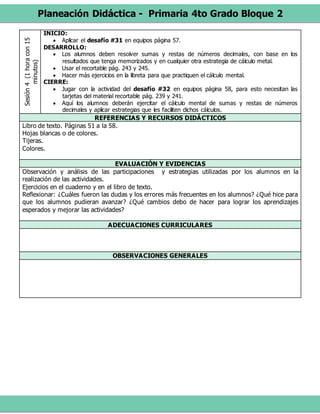 Planeación Didáctica - Primaria 4to Grado Bloque 2
Sesión4(1horacon15
minutos) INICIO:
 Aplicar el desafío #31 en equipos página 57.
DESARROLLO:
 Los alumnos deben resolver sumas y restas de números decimales, con base en los
resultados que tenga memorizados y en cualquier otra estrategia de cálculo metal.
 Usar el recortable pág. 243 y 245.
 Hacer más ejercicios en la libreta para que practiquen el cálculo mental.
CIERRE:
 Jugar con la actividad del desafío #32 en equipos página 58, para esto necesitan las
tarjetas del material recortable pág. 239 y 241.
 Aquí los alumnos deberán ejercitar el cálculo mental de sumas y restas de números
decimales y aplicar estrategias que les faciliten dichos cálculos.
REFERENCIAS Y RECURSOS DIDÁCTICOS
Libro de texto. Páginas 51 a la 58.
Hojas blancas o de colores.
Tijeras.
Colores.
EVALUACIÓN Y EVIDENCIAS
Observación y análisis de las participaciones y estrategias utilizadas por los alumnos en la
realización de las actividades.
Ejercicios en el cuaderno y en el libro de texto.
Reflexionar: ¿Cuáles fueron las dudas y los errores más frecuentes en los alumnos? ¿Qué hice para
que los alumnos pudieran avanzar? ¿Qué cambios debo de hacer para lograr los aprendizajes
esperados y mejorar las actividades?
ADECUACIONES CURRICULARES
OBSERVACIONES GENERALES
 