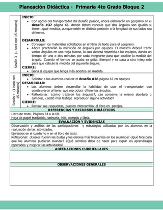 Planeación Didáctica - Primaria 4to Grado Bloque 2
Sesión3(1horacon15minutos) INICIO:
 Con apoyo del transportador del desafío pasado, ahora elaborarán un geoplano en el
desafío #37 página 66, donde deben concluir que dos ángulos son iguales si
tienen igual medida, aunque estén en distinta posición o la longitud de sus lados sea
diferente.
DESARROLLO:
 Conseguir los materiales solicitados en el libro de texto para el geoplano.
 Ahora practicarán la medición de ángulos por equipos. El maestro deberá trazar
varios ángulos en una hoja blanca, la cual deberá repartirla a los equipos, dando un
tiempo de uno o dos minutos por cada integrante para que localice la medida del
ángulo. Cuando el tiempo se acaba se grita: ¡tiempo! y se pasa a otro integrante
para que calcule la medida del siguiente ángulo.
CIERRE:
 Gana el equipo que tenga más aciertos en medida.
Sesión4(1horacon
15minutos)
INICIO:
 Solicitar a los alumnos realizar el desafío #38 página 67 en equipos
DESARROLLO:
 Los alumnos deben desarrollar la habilidad de usar el transportador que
construyeron al tener que reproducir diferentes ángulos.
 Reflexionar: ¿cómo trazaron los ángulos?, ¿se conserva la misma abertura o
cambia?, ¿costó más trabajo reproducir alguna actividad?
CIERRE:
 Revisar sus respuestas, pueden intercambiar el libro en parejas.
REFERENCIAS Y RECURSOS DIDÁCTICOS
Libro de texto. Páginas 64 a la 68.
Hoja de papel traslúcido, tachuela, hilo, compás y lápiz.
EVALUACIÓN Y EVIDENCIAS
Observación y análisis de las participaciones y estrategias utilizadas por los alumnos en la
realización de las actividades.
Ejercicios en el cuaderno y en el libro de texto.
Reflexionar: ¿Cuáles fueron las dudas y los errores más frecuentes en los alumnos? ¿Qué hice para
que los alumnos pudieran avanzar? ¿Qué cambios debo de hacer para lograr los aprendizajes
esperados y mejorar las actividades?
ADECUACIONES CURRICULARES
OBSERVACIONES GENERALES
 