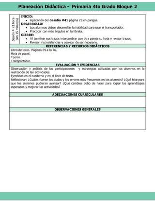 Planeación Didáctica - Primaria 4to Grado Bloque 2
Sesión4(1hora
con15minutos) INICIO:
 Aplicación del desafío #41 página 75 en parejas.
DESARROLLO:
 Los alumnos deben desarrollar la habilidad para usar el transportador.
 Practicar con más ángulos en la libreta.
CIERRE:
 Al terminar sus trazos intercambiar con otra pareja su hoja y revisar trazos.
 Revisar inconsistencias y corregir de ser necesario.
REFERENCIAS Y RECURSOS DIDÁCTICOS
Libro de texto. Páginas 69 a la 76.
Hoja de papel.
Tijeras.
Transportador.
EVALUACIÓN Y EVIDENCIAS
Observación y análisis de las participaciones y estrategias utilizadas por los alumnos en la
realización de las actividades.
Ejercicios en el cuaderno y en el libro de texto.
Reflexionar: ¿Cuáles fueron las dudas y los errores más frecuentes en los alumnos? ¿Qué hice para
que los alumnos pudieran avanzar? ¿Qué cambios debo de hacer para lograr los aprendizajes
esperados y mejorar las actividades?
ADECUACIONES CURRICULARES
OBSERVACIONES GENERALES
 