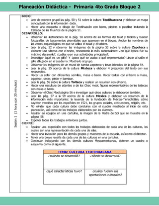 Planeación Didáctica - Primaria 4to Grado Bloque 2
Sesión1(1horacon30minutos) INICIO:
 Leer de manera grupal las pág. 50 y 51 sobre la cultura Teotihuacana y elaborar un mapa
conceptual con la información dada.
 Hacer una maqueta o dibujo de Teotihuacán con barro, piedras o plastilina imitando la
Calzada de los Muertos de la página 51.
DESARROLLO:
 Observar las ilustraciones de la pág. 50 acerca de las formas del talud y tablero y buscar
fotografías de basamentos piramidales que aparecen en el bloque. Anotar los nombres de
las zonas arqueológicas en que se utiliza el talud y el tablero.
 Leer la pág. 52 y observar las imágenes de la página 53 sobre la cultura Zapoteca y
elaborar una síntesis con el texto, rescatando lo más sobresaliente: ¿en qué época fue su
máximo desarrollo?, ¿cuáles eran sus actividades principales?.
 Investigar ¿qué es un glifo? Y ¿para qué se usaba o qué representaba? Llevar al salón el
glifo dibujado en el cuaderno. Mostrarlo al grupo.
 Observar las imágenes de un mural de tumba zapoteca y losas labradas de la página 54.
 Leer la pág. 55 acerca de la cultura Mixteca y elaborar 4 preguntas del texto con sus
respuestas.
 Hacer un collar con diferentes semillas, masa o barro. Hacer bolitas con el barro o masa,
agujerar, secar, pintar y barnizar.
 Leer la pág. 56 sobre la cultura Tolteca y realizar un resumen con el texto.
 Hacer una escultura de atlantes o de los Chac mool, figuras representativas de los toltecas
con masa o barro.
 Observar el Chac Mool página 56 e investigar qué otras culturas lo elaboraron también.
 Leer las pág. 57 a la 59 acerca de la cultura Mexica y elaborar un resumen de la
información más importante: la leyenda de la fundación de México-Tenochtitlan, cómo
cayeron vencidos por los españoles en 1521, los grupos sociales, costumbres, religión, etc.
 No olvidar que cada cultura debe concluirse con el cuadro mostrado al inicio de esta
planeación, así como de los trabajos elaborados por los alumnos.
 Realizar en equipos en una cartulina, la imagen de la Piedra del Sol que se muestra en la
página 58.
 Exponer todos los trabajos anteriores juntos.
CIERRE:
 Realizar una exposición con todos los trabajos elaborados de cada una de las culturas, los
cuales son una representación de cada una de ellas.
 Hacer una invitación para los demás grupos y maestros de la escuela, así como el director.
 Poner una breve reseña de cada una de las culturas en una cartulina.
 Continuar trabajando con las demás culturas Mesoamericanas, obtener un cuadro o
esquema como el siguiente.
TEMA: CULTURA TEOTIHUACANA
¿cuándo se desarrolló? ¿dónde se desarrolló?
¿qué características tuvo? ¿cuáles fueron sus
aportaciones culturales?
 