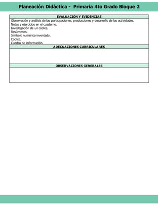 Planeación Didáctica - Primaria 4to Grado Bloque 2
EVALUACIÓN Y EVIDENCIAS
Observación y análisis de las participaciones, producciones y desarrollo de las actividades.
Notas y ejercicios en el cuaderno.
Investigación de un códice.
Resúmenes.
Símbolo numérico inventado.
Códice.
Cuadro de información.
ADECUACIONES CURRICULARES
OBSERVACIONES GENERALES
 