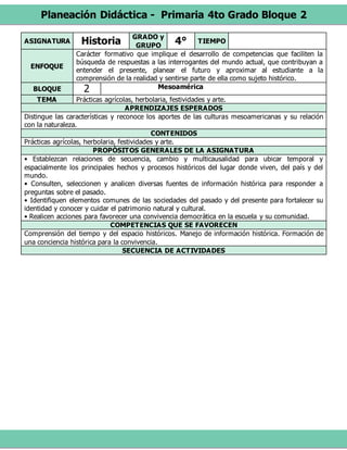 Planeación Didáctica - Primaria 4to Grado Bloque 2
ASIGNATURA Historia GRADO y
GRUPO
4° TIEMPO
ENFOQUE
Carácter formativo que implique el desarrollo de competencias que faciliten la
búsqueda de respuestas a las interrogantes del mundo actual, que contribuyan a
entender el presente, planear el futuro y aproximar al estudiante a la
comprensión de la realidad y sentirse parte de ella como sujeto histórico.
BLOQUE 2 Mesoamérica
TEMA Prácticas agrícolas, herbolaria, festividades y arte.
APRENDIZAJES ESPERADOS
Distingue las características y reconoce los aportes de las culturas mesoamericanas y su relación
con la naturaleza.
CONTENIDOS
Prácticas agrícolas, herbolaria, festividades y arte.
PROPÓSITOS GENERALES DE LA ASIGNATURA
• Establezcan relaciones de secuencia, cambio y multicausalidad para ubicar temporal y
espacialmente los principales hechos y procesos históricos del lugar donde viven, del país y del
mundo.
• Consulten, seleccionen y analicen diversas fuentes de información histórica para responder a
preguntas sobre el pasado.
• Identifiquen elementos comunes de las sociedades del pasado y del presente para fortalecer su
identidad y conocer y cuidar el patrimonio natural y cultural.
• Realicen acciones para favorecer una convivencia democrática en la escuela y su comunidad.
COMPETENCIAS QUE SE FAVORECEN
Comprensión del tiempo y del espacio históricos. Manejo de información histórica. Formación de
una conciencia histórica para la convivencia.
SECUENCIA DE ACTIVIDADES
 