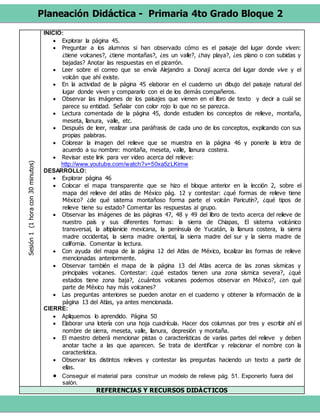 Planeación Didáctica - Primaria 4to Grado Bloque 2
Sesión1(1horacon30minutos) INICIO:
 Explorar la página 45.
 Preguntar a los alumnos si han observado cómo es el paisaje del lugar donde viven:
¿tiene volcanes?, ¿tiene montañas?, ¿es un valle?, ¿hay playa?, ¿es plano o con subidas y
bajadas? Anotar las respuestas en el pizarrón.
 Leer sobre el correo que se envía Alejandro a Donají acerca del lugar donde vive y el
volcán que ahí existe.
 En la actividad de la página 45 elaborar en el cuaderno un dibujo del paisaje natural del
lugar donde viven y compararlo con el de los demás compañeros.
 Observar las imágenes de los paisajes que vienen en el libro de texto y decir a cuál se
parece su entidad. Señalar con color rojo lo que no se parezca.
 Lectura comentada de la página 45, donde estudien los conceptos de relieve, montaña,
meseta, llanura, valle, etc.
 Después de leer, realizar una paráfrasis de cada uno de los conceptos, explicando con sus
propias palabras.
 Colorear la imagen del relieve que se muestra en la página 46 y ponerle la letra de
acuerdo a su nombre: montaña, meseta, valle, llanura costera.
 Revisar este link para ver video acerca del relieve:
http://www.youtube.com/watch?v=50xa5zLKimw
DESARROLLO:
 Explorar página 46
 Colocar el mapa transparente que se hizo el bloque anterior en la lección 2, sobre el
mapa del relieve del atlas de México pág. 12 y contestar: ¿qué formas de relieve tiene
México? ¿de qué sistema montañoso forma parte el volcán Paricutín?, ¿qué tipos de
relieve tiene su estado? Comentar las respuestas al grupo.
 Observar las imágenes de las páginas 47, 48 y 49 del libro de texto acerca del relieve de
nuestro país y sus diferentes formas: la sierra de Chiapas, El sistema volcánico
transversal, la altiplanicie mexicana, la península de Yucatán, la llanura costera, la sierra
madre occidental, la sierra madre oriental, la sierra madre del sur y la sierra madre de
california. Comentar la lectura.
 Con ayuda del mapa de la página 12 del Atlas de México, localizar las formas de relieve
mencionadas anteriormente.
 Observar también el mapa de la página 13 del Atlas acerca de las zonas sísmicas y
principales volcanes. Contestar: ¿qué estados tienen una zona sísmica severa?, ¿qué
estados tiene zona baja?, ¿cuántos volcanes podemos observar en México?, ¿en qué
parte de México hay más volcanes?
 Las preguntas anteriores se pueden anotar en el cuaderno y obtener la información de la
página 13 del Atlas, ya antes mencionada.
CIERRE:
 Apliquemos lo aprendido. Página 50
 Elaborar una lotería con una hoja cuadrícula. Hacer dos columnas por tres y escribir ahí el
nombre de sierra, meseta, valle, llanura, depresión y montaña.
 El maestro deberá mencionar pistas o características de varias partes del relieve y deben
anotar tache a las que aparecen. Se trata de identificar y relacionar el nombre con la
característica.
 Observar los distintos relieves y contestar las preguntas haciendo un texto a partir de
ellas.
 Conseguir el material para construir un modelo de relieve pág. 51. Exponerlo fuera del
salón.
REFERENCIAS Y RECURSOS DIDÁCTICOS
 