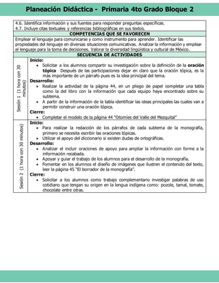 Planeación Didáctica - Primaria 4to Grado Bloque 2
4.6. Identifica información y sus fuentes para responder preguntas específicas.
4.7. Incluye citas textuales y referencias bibliográficas en sus textos.
COMPETENCIAS QUE SE FAVORECEN
Emplear el lenguaje para comunicarse y como instrumento para aprender. Identificar las
propiedades del lenguaje en diversas situaciones comunicativas. Analizar la información y emplear
el lenguaje para la toma de decisiones. Valorar la diversidad lingüística y cultural de México.
SECUENCIA DE ACTIVIDADES
Sesión1(1horacon30
minutos)
Inicio:
 Solicitar a los alumnos compartir su investigación sobre la definición de la oración
tópica Después de las participaciones dejar en claro que la oración tópica, es la
más importante de un párrafo pues es la idea principal del tema.
Desarrollo:
 Realizar la actividad de la página 44, en un pliego de papel completar una tabla
como la del libro con la información que cada equipo haya encontrado sobre su
subtema.
 A partir de la información de la tabla identificar las ideas principales las cuales van a
permitir construir una oración tópica.
Cierre:
 Completar el modelo de la página 44 “Otomíes del Valle del Mezquital”
Sesión2(1horacon30minutos)
Inicio:
 Para realizar la redacción de los párrafos de cada subtema de la monografía,
primero se necesita escribir las oraciones tópicas.
 Utilizar el apoyo del diccionario si existen dudas de ortográficas.
Desarrollo:
 Analizar el incluir oraciones de apoyo para ampliar la información con forme a la
información recabada.
 Apoyar y guiar el trabajo de los alumnos para el desarrollo de la monografía.
 Fomentar en los alumnos el diseño de imágenes que ilustren el contenido del texto,
leer la página 45 “El borrador de la monografía”.
Cierre:
 Solicitar a los alumnos como trabajo complementario investigar palabras de uso
cotidiano que tengan su origen en la lengua indígena como: pozole, tamal, tomate,
chocolate entre otras.
 