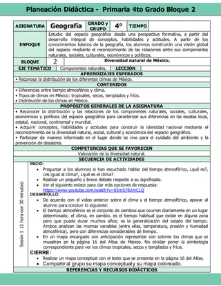 Planeación Didáctica - Primaria 4to Grado Bloque 2
ASIGNATURA Geografía GRADO y
GRUPO
4° TIEMPO
ENFOQUE
Estudio del espacio geográfico desde una perspectiva formativa, a partir del
desarrollo integral de conceptos, habilidades y actitudes. A partir de los
conocimientos básicos de la geografía, los alumnos construirán una visión global
del espacio mediante el reconocimiento de las relaciones entre sus componentes
naturales, sociales, culturales, económicos y políticos.
BLOQUE 2 Diversidad natural de México.
EJE TEMÁTICO Componentes naturales. LECCIÓN
APRENDIZAJES ESPERADOS
• Reconoce la distribución de los diferentes climas de México.
CONTENIDOS
• Diferencias entre tiempo atmosférico y clima.
• Tipos de climas en México: tropicales, secos, templados y fríos.
• Distribución de los climas en México.
PROPÓSITOS GENERALES DE LA ASIGNATURA
• Reconocer la distribución y las relaciones de los componentes naturales, sociales, culturales,
económicos y políticos del espacio geográfico para caracterizar sus diferencias en las escalas local,
estatal, nacional, continental y mundial.
• Adquirir conceptos, habilidades y actitudes para construir la identidad nacional mediante el
reconocimiento de la diversidad natural, social, cultural y económica del espacio geográfico.
• Participar de manera informada en el lugar donde se vive para el cuidado del ambiente y la
prevención de desastres.
COMPETENCIAS QUE SE FAVORECEN
Valoración de la diversidad natural.
SECUENCIA DE ACTIVIDADES
Sesión1(1horacon30minutos)
INICIO:
 Preguntar a los alumnos si han escuchado hablar del tiempo atmosférico, ¿qué es?,
¿es igual al clima?, ¿qué es el clima?
 Realizar un pequeño y breve debate respecto a su significado.
 Ver el siguiente enlace para dar más opciones de respuesta:
https://www.youtube.com/watch?v=65mS782mCLQ
DESARROLLO:
 De acuerdo con el video anterior sobre el clima y el tiempo atmosférico, apoyar al
alumno para concluir lo siguiente:
 El tiempo atmosférico es el conjunto de cambios que ocurren diariamente en un lugar
determinado; el clima, en cambio, es el tiempo habitual que existe en alguna zona
pero que puede durar muchos años; es la generalización del estado del tiempo.
Ambos analizan las mismas variables (entre ellas, temperatura, presión y humedad
atmosférica), pero con diferencias considerables de tiempo.
 En un mapa encargado con anticipación representar con colores los climas que se
muestran en la página 16 del Atlas de México. No olvidar poner la simbología
correspondiente para ver los climas tropicales, secos y templados y fríos.
CIERRE:
 Realizar un mapa conceptual con el texto que se presenta en la página 16 del Atlas.
 Compartir al grupo su mapa conceptualy su mapa coloreado.
REFERENCIAS Y RECURSOS DIDÁCTICOS
 