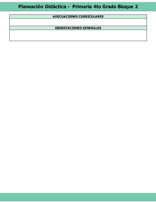 Planeación Didáctica - Primaria 4to Grado Bloque 2
ADECUACIONES CURRICULARES
OBSERVACIONES GENERALES
 