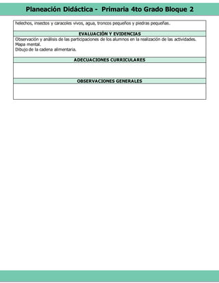 Planeación Didáctica - Primaria 4to Grado Bloque 2
helechos, insectos y caracoles vivos, agua, troncos pequeños y piedras pequeñas.
EVALUACIÓN Y EVIDENCIAS
Observación y análisis de las participaciones de los alumnos en la realización de las actividades.
Mapa mental.
Dibujo de la cadena alimentaria.
ADECUACIONES CURRICULARES
OBSERVACIONES GENERALES
 