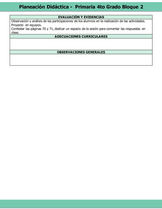 Planeación Didáctica - Primaria 4to Grado Bloque 2
EVALUACIÓN Y EVIDENCIAS
Observación y análisis de las participaciones de los alumnos en la realización de las actividades.
Proyecto en equipos.
Contestar las páginas 70 y 71, dedicar un espacio de la sesión para comentar las respuestas en
clase.
ADECUACIONES CURRICULARES
OBSERVACIONES GENERALES
 