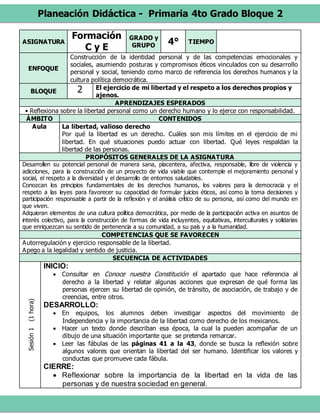 Planeación Didáctica - Primaria 4to Grado Bloque 2
ASIGNATURA
Formación
C y E
GRADO y
GRUPO 4° TIEMPO
ENFOQUE
Construcción de la identidad personal y de las competencias emocionales y
sociales, asumiendo posturas y compromisos éticos vinculados con su desarrollo
personal y social, teniendo como marco de referencia los derechos humanos y la
cultura política democrática.
BLOQUE 2 El ejercicio de mi libertad y el respeto a los derechos propios y
ajenos.
APRENDIZAJES ESPERADOS
• Reflexiona sobre la libertad personal como un derecho humano y lo ejerce con responsabilidad.
ÁMBITO CONTENIDOS
Aula La libertad, valioso derecho
Por qué la libertad es un derecho. Cuáles son mis límites en el ejercicio de mi
libertad. En qué situaciones puedo actuar con libertad. Qué leyes respaldan la
libertad de las personas.
PROPÓSITOS GENERALES DE LA ASIGNATURA
Desarrollen su potencial personal de manera sana, placentera, afectiva, responsable, libre de violencia y
adicciones, para la construcción de un proyecto de vida viable que contemple el mejoramiento personal y
social, el respeto a la diversidad y el desarrollo de entornos saludables.
Conozcan los principios fundamentales de los derechos humanos, los valores para la democracia y el
respeto a las leyes para favorecer su capacidad de formular juicios éticos, así como la toma decisiones y
participación responsable a partir de la reflexión y el análisis crítico de su persona, así como del mundo en
que viven.
Adquieran elementos de una cultura política democrática, por medio de la participación activa en asuntos de
interés colectivo, para la construcción de formas de vida incluyentes, equitativas, interculturales y solidarias
que enriquezcan su sentido de pertenencia a su comunidad, a su país y a la humanidad.
COMPETENCIAS QUE SE FAVORECEN
Autorregulación y ejercicio responsable de la libertad.
Apego a la legalidad y sentido de justicia.
SECUENCIA DE ACTIVIDADES
Sesión1(1hora)
INICIO:
 Consultar en Conoce nuestra Constitución el apartado que hace referencia al
derecho a la libertad y relatar algunas acciones que expresan de qué forma las
personas ejercen su libertad de opinión, de tránsito, de asociación, de trabajo y de
creencias, entre otros.
DESARROLLO:
 En equipos, los alumnos deben investigar aspectos del movimiento de
Independencia y la importancia de la libertad como derecho de los mexicanos.
 Hacer un texto donde describan esa época, la cual la pueden acompañar de un
dibujo de una situación importante que se pretenda remarcar.
 Leer las fábulas de las páginas 41 a la 43, donde se busca la reflexión sobre
algunos valores que orientan la libertad del ser humano. Identificar los valores y
conductas que promueve cada fábula.
CIERRE:
 Reflexionar sobre la importancia de la libertad en la vida de las
personas y de nuestra sociedad en general.
 