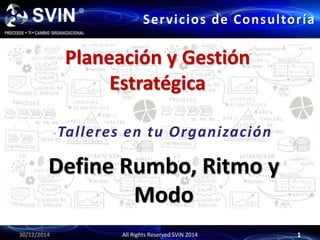Planeación y Gestión
Estratégica
30/12/2014 All Rights Reserved SVIN 2014 1
Define Rumbo, Ritmo y
Modo
Talleres en tu Organización
Servicios de Consultoría
 
