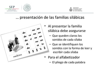 … presentación de las familias silábicas
• Al presentar la familia
silábica debe asegurarse
– Que queden claros los
sonidos de cada sílaba
– Que se identifiquen los
sonidos con la forma de leer y
escribir cada sílaba
• Para el alfabetizador
– El pliego de cada palabra
 