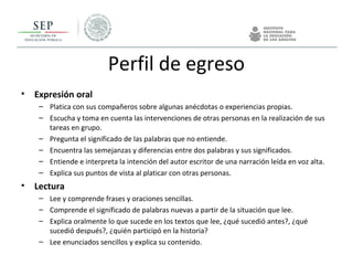 Perfil de egreso
• Expresión oral
– Platica con sus compañeros sobre algunas anécdotas o experiencias propias.
– Escucha y toma en cuenta las intervenciones de otras personas en la realización de sus
tareas en grupo.
– Pregunta el significado de las palabras que no entiende.
– Encuentra las semejanzas y diferencias entre dos palabras y sus significados.
– Entiende e interpreta la intención del autor escritor de una narración leída en voz alta.
– Explica sus puntos de vista al platicar con otras personas.
• Lectura
– Lee y comprende frases y oraciones sencillas.
– Comprende el significado de palabras nuevas a partir de la situación que lee.
– Explica oralmente lo que sucede en los textos que lee, ¿qué sucedió antes?, ¿qué
sucedió después?, ¿quién participó en la historia?
– Lee enunciados sencillos y explica su contenido.
 