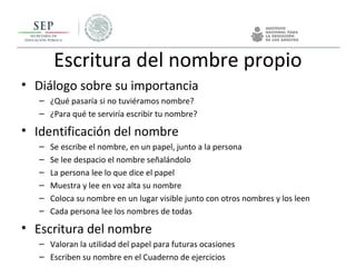 Escritura del nombre propio
• Diálogo sobre su importancia
– ¿Qué pasaría si no tuviéramos nombre?
– ¿Para qué te serviría escribir tu nombre?
• Identificación del nombre
– Se escribe el nombre, en un papel, junto a la persona
– Se lee despacio el nombre señalándolo
– La persona lee lo que dice el papel
– Muestra y lee en voz alta su nombre
– Coloca su nombre en un lugar visible junto con otros nombres y los leen
– Cada persona lee los nombres de todas
• Escritura del nombre
– Valoran la utilidad del papel para futuras ocasiones
– Escriben su nombre en el Cuaderno de ejercicios
 