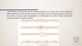 Anteriormente, mencionamos que las ondas producidas en un resorte son un claro ejemplo de
ondas mecánicas. Cuando las partículas de estos cuerpos vibran de forma paralela a la dirección
de la onda, se forman ondas longitudinales, caracterizadas por oscilar de abajo hacia arriba,
como se muestra en la figura siguiente:
 