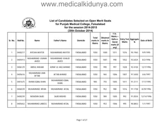 www.medicalkidunya.com 
List of Candidates Selected on Open Merit Seats 
for Punjab Medical College, Faisalabad 
for the session 2014-2015 
(30th October 2014) 
Sr. No. Roll No. Name Father's Name Domicile 
Total 
marks in 
Matric 
Obtained 
marks in 
Matric 
F.Sc. 
Marks + 
Hafiz-e- 
Quran 
marks (if 
any) 
Entry Test 
Marks 
Aggregate 
% 
Date of Birth 
1 0400217 AYESHA AKHTER MUHAMMAD AKHTER FAISALABAD 1050 1000 1011 1076 95.1965 9/9/1995 
2 0405913 
MUHAMMAD USAMA 
JAVED 
MUHAMMAD KHALID 
JAVED 
FAISALABAD 1050 1001 998 1052 93.6424 8/2/1996 
3 0406129 ABDUL WAHAB AZRAF UL HAQ AHMAD FAISALABAD 1050 990 997 1028 92.4104 12/7/1996 
4 0405616 
MUHAMMAD ZAIN 
AFTAB 
AFTAB AHMAD FAISALABAD 1050 965 1006 1007 91.5450 4/6/1997 
5 0401675 ISHWA IQBAL KHAN 
MUHAMMAD IQBAL 
KHAN 
FAISALABAD 900 793 1005 1011 91.3111 7/17/1995 
6 0406539 MUHAMMAD IRFAN MUHAMMAD AFZAL FAISALABAD 1050 952 988 1016 91.1758 8/29/1996 
7 0400239 MOAZMA SAJID SAJID RASHID FAISALABAD 1050 989 1005 992 91.0554 12/14/1996 
8 0405652 MUHAMMAD LABEEQ MUHAMMAD AFZAL FAISALABAD 1050 953 1006 995 90.8853 1/1/1997 
Page 1 of 27 
 
