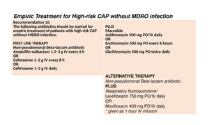 Empiric Treatment for High-risk CAP without MDRO infection
Recommendation 10:
The following antibiotics should be started for
empiric treatment of patients with high risk CAP
without MDRO infection:
FIRST LINE THERAPY
Non-pseudomonal Beta-lactam antibiotic
Ampicillin-sulbactam 1.5–3 g IV every 6 h
OR
Cefotaxime 1–2 g IV every 8 h
OR
Ceftriaxone 1–2 g IV daily
PLUS
Macrolide
Azithromycin 500 mg PO/IV daily
OR
Erythromycin 500 mg PO every 6 hours
OR
Clarithromycin 500 mg PO twice daily
ALTERNATIVE THERAPY
Non-pseudomonal Beta-lactam antibiotic
PLUS
Respiratory fluoroquinolone*
Levofloxacin 750 mg PO/IV daily
OR
Moxifloxacin 400 mg PO/IV daily
* given as 1 hour IV infusion
 