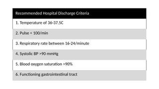 Recommended Hospital Discharge Criteria
1. Temperature of 36-37.5C
2. Pulse < 100/min
3. Respiratory rate between 16-24/minute
4. Systolic BP >90 mmHg
5. Blood oxygen saturation >90%
6. Functioning gastrointestinal tract
 