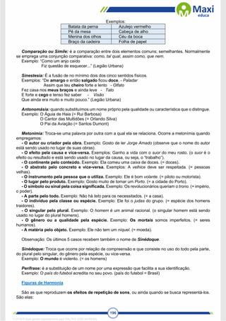 196
Exemplos:
Batata da perna Azulejo vermelho
Pé da mesa Cabeça de alho
Menina dos olhos Céu da boca
Braço da cadeira Folha de papel
Comparação ou Símile: é a comparação entre dois elementos comuns; semelhantes. Normalmente
se emprega uma conjunção comparativa: como, tal qual, assim como, que nem.
Exemplo: “Como um anjo caído
Fiz questão de esquecer...” (Legião Urbana)
Sinestesia: É a fusão de no mínimo dois dos cinco sentidos físicos.
Exemplos: “De amargo e então salgado ficou doce, - Paladar
Assim que teu cheiro forte e lento - Olfato
Fez casa nos meus braços e ainda leve - Tato
E forte e cego e tenso fez saber - Visão
Que ainda era muito e muito pouco.” (Legião Urbana)
Antonomásia: quando substituímos um nome próprio pela qualidade ou característica que o distingue.
Exemplo: O Águia de Haia (= Rui Barbosa)
O Cantor das Multidões (= Orlando Silva)
O Pai da Aviação (= Santos Dumont)
Metonímia: Troca-se uma palavra por outra com a qual ela se relaciona. Ocorre a metonímia quando
empregamos:
- O autor ou criador pela obra. Exemplo: Gosto de ler Jorge Amado (observe que o nome do autor
está sendo usado no lugar de suas obras).
- O efeito pela causa e vice-versa. Exemplos: Ganho a vida com o suor do meu rosto. (o suor é o
efeito ou resultado e está sendo usado no lugar da causa, ou seja, o “trabalho”).
- O continente pelo conteúdo. Exemplo: Ela comeu uma caixa de doces. (= doces).
- O abstrato pelo concreto e vice-versa. Exemplos: A velhice deve ser respeitada. (= pessoas
velhas).
- O instrumento pela pessoa que o utiliza. Exemplo: Ele é bom volante. (= piloto ou motorista).
- O lugar pelo produto. Exemplo: Gosto muito de tomar um Porto. (= a cidade do Porto).
- O símbolo ou sinal pela coisa significada. Exemplo: Os revolucionários queriam o trono. (= império,
o poder).
- A parte pelo todo. Exemplo: Não há teto para os necessitados. (= a casa).
- O indivíduo pela classe ou espécie. Exemplo: Ele foi o judas do grupo. (= espécie dos homens
traidores).
- O singular pelo plural. Exemplo: O homem é um animal racional. (o singular homem está sendo
usado no lugar do plural homens).
- O gênero ou a qualidade pela espécie. Exemplo: Os mortais somos imperfeitos. (= seres
humanos).
- A matéria pelo objeto. Exemplo: Ele não tem um níquel. (= moeda).
Observação: Os últimos 5 casos recebem também o nome de Sinédoque.
Sinédoque: Troca que ocorre por relação de compreensão e que consiste no uso do todo pela parte,
do plural pelo singular, do gênero pela espécie, ou vice-versa.
Exemplo: O mundo é violento. (= os homens)
Perífrase: é a substituição de um nome por uma expressão que facilita a sua identificação.
Exemplo: O país do futebol acredita no seu povo. (país do futebol = Brasil)
Figuras de Harmonia
São as que reproduzem os efeitos de repetição de sons, ou ainda quando se busca representá-los.
São elas:
1712729 E-book gerado especialmente para WALTER JOSE MOREIRA
 