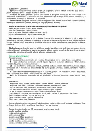 236
Substantivos Uniformes
- Epicenos: designam certos animais e têm um só gênero, quer se refiram ao macho ou à fêmea. –
jacaré macho ou fêmea / a cobra macho ou fêmea.
- Comuns de dois gêneros: apenas uma forma e designam indivíduos dos dois sexos. São
masculinos ou femininos. A indicação do sexo é feita com uso do artigo masculino ou feminino: o, a
intérprete / o, a colega / o, a médium / o, a pianista.
- Sobrecomuns: designam pessoas e têm um só gênero para homem ou a mulher: a criança (menino,
menina) / a testemunha (homem, mulher) / o cônjuge (marido, mulher).
Alguns substantivos que mudam de sentido, quando se troca o gênero:
o lotação (veículo) - a lotação (efeito de lotar);
o capital (dinheiro) - a capital (cidade);
o cabeça (chefe, líder) - a cabeça (parte do corpo);
o guia (acompanhante) - a guia (documentação).
São masculinos: o eclipse, o dó, o dengue (manha), o champanha, o soprano, o clã, o alvará, o
sanduíche, o clarinete, o Hosana, o espécime, o guaraná, o diabete ou diabetes, o tapa, o lança-perfume,
o praça (soldado raso), o pernoite, o formicida, o herpes, o sósia, o telefonema, o saca-rolha, o plasma,
o estigma.
São femininos: a dinamite, a derme, a hélice, a aluvião, a análise, a cal, a gênese, a entorse, a faringe,
a cólera (doença), a cataplasma, a pane, a mascote, a libido (desejo sexual), a rês, a sentinela, a sucuri,
a usucapião, a omelete, a hortelã, a fama, a Xerox, a aguardente.
Número (plural/singular)
Acrescentam-se:
- S – aos substantivos terminados em vogal ou ditongo: povo, povos / feira, feiras / série, séries.
- S – aos substantivos terminados em N: líquen, liquens / abdômen, abdomens / hífen, hífens.
Também: líquenes, abdômenes, hífenes.
- ES – aos substantivos terminados em R, S, Z: cartaz, cartazes / motor, motores / mês, meses. Alguns
terminados em R mudam sua sílaba tônica, no plural: júnior, juniores / caráter, caracteres / sênior,
seniores.
- IS – aos substantivos terminados em al, el, ol, ul: jornal, jornais / sol, sóis / túnel, túneis / mel, meles,
méis. Exceções: mal, males / cônsul, cônsules / real, reais.
- ÃO – aos substantivos terminados em ão, acrescenta S: cidadão, cidadãos / irmão, irmãos / mão,
mãos.
Trocam-se:
- ão por ões: botão, botões / limão, limões / portão, portões / mamão, mamões.
- ão por ãe: pão, pães / charlatão, charlatães / alemão, alemães / cão, cães.
- il por is (oxítonas): funil, funis / fuzil, fuzis / canil, canis / pernil, pernis.
- por eis (paroxítonas): fóssil, fósseis / réptil, répteis / projétil, projéteis.
- m por ns: nuvem, nuvens / som, sons / vintém, vinténs / atum, atuns.
- zito, zinho - 1º coloca-se o substantivo no plural: balão, balões. 2º elimina-se o S + zinhos.
Balão – balões – balões + zinhos: balõezinhos.
Papel – papéis – papel + zinhos: papeizinhos.
Cão – cães - cãe + zitos: Cãezitos.
Alguns substantivos terminados em X são invariáveis (valor fonético = cs): os tórax, os tórax / o ônix,
os ônix / a fênix, as fênix / uma Xerox, duas Xerox / um fax, dois fax.
Substantivos terminados em ÃO com mais de uma forma no plural:
aldeão, aldeões, aldeãos;
verão, verões, verãos;
anão, anões, anãos;
guardião, guardiões, guardiães;
corrimão, corrimãos, corrimões;
ancião, anciões, anciães, anciãos;
ermitão, ermitões, ermitães, ermitãos.
1712729 E-book gerado especialmente para WALTER JOSE MOREIRA
 