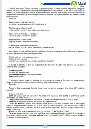 262
O núcleo do sujeito é sempre um nome. Quando esse nome se refere a objetos da primeira e segunda
pessoa, o sujeito é representado por um pronome pessoal do caso reto (eu, tu, ele, etc.). Se o sujeito se
refere a um objeto da terceira pessoa, sua representação pode ser feita através de um substantivo, de
um pronome substantivo ou de qualquer conjunto de palavras, cujo núcleo funcione, na sentença, como
um substantivo.
Exemplos:
Eu acompanho você até o guichê.
eu: sujeito = pronome pessoal de primeira pessoa
Vocês disseram alguma coisa?
vocês: sujeito = pronome pessoal de segunda pessoa
Marcos tem um fã-clube no seu bairro.
Marcos: sujeito = substantivo próprio
Ninguém entra na sala agora.
ninguém: sujeito = pronome substantivo
O andar deve ser uma atividade diária.
o andar: sujeito = núcleo: verbo substantivado nessa oração
Além dessas formas, o sujeito também pode se constituir de uma oração inteira. Nesse caso, a oração
recebe o nome de oração substantiva subjetiva:
É difícil optar por esse ou aquele doce...
É difícil: oração principal
optar por esse ou aquele doce: oração substantiva subjetiva
O sujeito é constituído por um substantivo ou pronome, ou por uma palavra ou expressão
substantivada. Exemplos:
O sino era grande.
Ela tem uma educação fina.
Vossa Excelência agiu com imparcialidade.
Isto não me agrada.
O núcleo (a palavra base) do sujeito é um substantivo ou pronome. Em torno do núcleo podem
aparecer palavras secundárias (artigos, adjetivos, locuções adjetivas, etc.).
Exemplo:
“Todos os ligeiros rumores da mata tinham uma voz para a selvagem filha do sertão.” (José de
Alencar)
O sujeito pode ser:
Simples: quando tem um só núcleo: As rosas têm espinhos; “Um bando de galinhas-d’angola
atravessa a rua em fila indiana.”
Composto: quando tem mais de um núcleo: “O burro e o cavalo nadavam ao lado da canoa.”
Expresso: quando está explícito, enunciado: Eu viajarei amanhã.
Oculto (ou elíptico): quando está implícito, isto é, quando não está expresso, mas se deduz pelo
contexto: Viajarei amanhã. (sujeito: eu, que se deduz por meio do verbo); “Um soldado saltou para a
calçada e aproximou-se.” (o sujeito, soldado, está expresso na primeira oração e elíptico na segunda: e
[ele] aproximou-se.).
Agente: se faz a ação expressa pelo verbo da voz ativa: “O Nilo fertiliza o Egito”.
Paciente: quando sofre ou recebe os efeitos da ação expressa pelo verbo passivo: “O criminoso é
atormentado pelo remorso”; “Muitos sertanistas foram mortos pelos índios”; “Construíram-se açudes”.
(= Açudes foram construídos.)
1712729 E-book gerado especialmente para WALTER JOSE MOREIRA
 