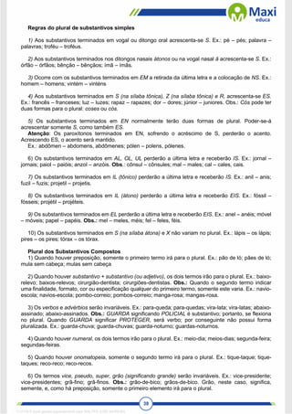 38
Regras do plural de substantivos simples
1) Aos substantivos terminados em vogal ou ditongo oral acrescenta-se S. Ex.: pé – pés; palavra –
palavras; troféu – troféus.
2) Aos substantivos terminados nos ditongos nasais átonos ou na vogal nasal ã acrescenta-se S. Ex.:
órfão – órfãos; bênção – bênçãos; ímã – ímãs.
3) Ocorre com os substantivos terminados em EM a retirada da última letra e a colocação de NS. Ex.:
homem – homens; vintém – vinténs
4) Aos substantivos terminados em S (na sílaba tônica), Z (na sílaba tônica) e R, acrescenta-se ES.
Ex.: francês – franceses; luz – luzes; rapaz – rapazes; dor – dores; júnior – juniores. Obs.: Cós pode ter
duas formas para o plural: coses ou cós.
5) Os substantivos terminados em EN normalmente terão duas formas de plural. Poder-se-á
acrescentar somente S, como também ES.
Atenção: Os paroxítonos terminados em EN, sofrendo o acréscimo de S, perderão o acento.
Acrescendo ES, o acento será mantido.
Ex.: abdômen – abdomens, abdômenes; pólen – polens, pólenes.
6) Os substantivos terminados em AL, OL, UL perderão a última letra e receberão IS. Ex.: jornal –
jornais; paiol – paióis; anzol – anzóis. Obs.: cônsul – cônsules; mal – males; cal – cales, cais.
7) Os substantivos terminados em IL (tônico) perderão a última letra e receberão IS. Ex.: anil – anis;
fuzil – fuzis; projetil – projetis.
8) Os substantivos terminados em IL (átono) perderão a última letra e receberão EIS. Ex.: fóssil –
fósseis; projétil – projéteis.
9) Os substantivos terminados em EL perderão a última letra e receberão EIS. Ex.: anel – anéis; móvel
– móveis; papel – papéis. Obs.: mel – meles, méis; fel – feles, féis.
10) Os substantivos terminados em S (na sílaba átona) e X não variam no plural. Ex.: lápis – os lápis;
pires – os pires; tórax – os tórax.
Plural dos Substantivos Compostos
1) Quando houver preposição, somente o primeiro termo irá para o plural. Ex.: pão de ló; pães de ló;
mula sem cabeça; mulas sem cabeça
2) Quando houver substantivo + substantivo (ou adjetivo), os dois termos irão para o plural. Ex.: baixo-
relevo; baixos-relevos; cirurgião-dentista; cirurgiões-dentistas. Obs.: Quando o segundo termo indicar
uma finalidade, formato, cor ou especificação qualquer do primeiro termo, somente este varia. Ex.: navio-
escola; navios-escola; pombo-correio; pombos-correio; manga-rosa; mangas-rosa.
3) Os verbos e advérbios serão invariáveis. Ex.: para-queda; para-quedas; vira-lata; vira-latas; abaixo-
assinado; abaixo-assinados. Obs.: GUARDA significando POLICIAL é substantivo; portanto, se flexiona
no plural. Quando GUARDA significar PROTEGER, será verbo; por conseguinte não possui forma
pluralizada. Ex.: guarda-chuva; guarda-chuvas; guarda-noturno; guardas-noturnos.
4) Quando houver numeral, os dois termos irão para o plural. Ex.: meio-dia; meios-dias; segunda-feira;
segundas-feiras.
5) Quando houver onomatopeia, somente o segundo termo irá para o plural. Ex.: tique-taque; tique-
taques; reco-reco; reco-recos.
6) Os termos vice, pseudo, super, grão (significando grande) serão invariáveis. Ex.: vice-presidente;
vice-presidentes; grã-fino; grã-finos. Obs.: grão-de-bico; grãos-de-bico. Grão, neste caso, significa,
semente, e, como há preposição, somente o primeiro elemento irá para o plural.
1712729 E-book gerado especialmente para WALTER JOSE MOREIRA
 