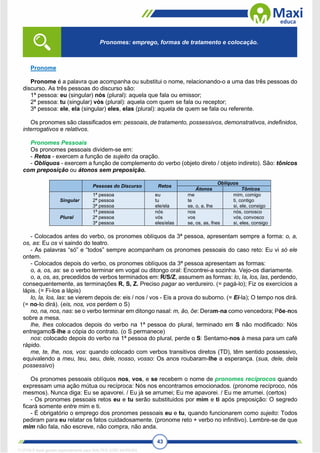 43
Pronome
Pronome é a palavra que acompanha ou substitui o nome, relacionando-o a uma das três pessoas do
discurso. As três pessoas do discurso são:
1ª pessoa: eu (singular) nós (plural): aquela que fala ou emissor;
2ª pessoa: tu (singular) vós (plural): aquela com quem se fala ou receptor;
3ª pessoa: ele, ela (singular) eles, elas (plural): aquela de quem se fala ou referente.
Os pronomes são classificados em: pessoais, de tratamento, possessivos, demonstrativos, indefinidos,
interrogativos e relativos.
Pronomes Pessoais
Os pronomes pessoais dividem-se em:
- Retos - exercem a função de sujeito da oração.
- Oblíquos - exercem a função de complemento do verbo (objeto direto / objeto indireto). São: tônicos
com preposição ou átonos sem preposição.
Pessoas do Discurso Retos
Oblíquos
Átonos Tônicos
Singular
1ª pessoa
2ª pessoa
3ª pessoa
eu
tu
ele/ela
me
te
se, o, a, lhe
mim, comigo
ti, contigo
si, ele, consigo
Plural
1ª pessoa
2ª pessoa
3ª pessoa
nós
vós
eles/elas
nos
vos
se, os, as, lhes
nós, conosco
vós, convosco
si, eles, consigo
- Colocados antes do verbo, os pronomes oblíquos da 3ª pessoa, apresentam sempre a forma: o, a,
os, as: Eu os vi saindo do teatro.
- As palavras “só” e “todos” sempre acompanham os pronomes pessoais do caso reto: Eu vi só ele
ontem.
- Colocados depois do verbo, os pronomes oblíquos da 3ª pessoa apresentam as formas:
o, a, os, as: se o verbo terminar em vogal ou ditongo oral: Encontrei-a sozinha. Vejo-os diariamente.
o, a, os, as, precedidos de verbos terminados em: R/S/Z, assumem as formas: lo, Ia, los, las, perdendo,
consequentemente, as terminações R, S, Z. Preciso pagar ao verdureiro. (= pagá-lo); Fiz os exercícios a
lápis. (= Fi-los a lápis)
lo, la, los, las: se vierem depois de: eis / nos / vos - Eis a prova do suborno. (= Ei-la); O tempo nos dirá.
(= no-lo dirá). (eis, nos, vos perdem o S)
no, na, nos, nas: se o verbo terminar em ditongo nasal: m, ão, õe: Deram-na como vencedora; Põe-nos
sobre a mesa.
lhe, lhes colocados depois do verbo na 1ª pessoa do plural, terminado em S não modificado: Nós
entregamoS-lhe a cópia do contrato. (o S permanece)
nos: colocado depois do verbo na 1ª pessoa do plural, perde o S: Sentamo-nos à mesa para um café
rápido.
me, te, lhe, nos, vos: quando colocado com verbos transitivos diretos (TD), têm sentido possessivo,
equivalendo a meu, teu, seu, dele, nosso, vosso: Os anos roubaram-lhe a esperança. (sua, dele, dela
possessivo)
Os pronomes pessoais oblíquos nos, vos, e se recebem o nome de pronomes recíprocos quando
expressam uma ação mútua ou recíproca: Nós nos encontramos emocionados. (pronome recíproco, nós
mesmos). Nunca diga: Eu se apavorei. / Eu jà se arrumei; Eu me apavorei. / Eu me arrumei. (certos)
- Os pronomes pessoais retos eu e tu serão substituidos por mim e ti após preposição: O segredo
ficará somente entre mim e ti.
- É obrigatório o emprego dos pronomes pessoais eu e tu, quando funcionarem como sujeito: Todos
pediram para eu relatar os fatos cuidadosamente. (pronome reto + verbo no infinitivo). Lembre-se de que
mim não fala, não escreve, não compra, não anda.
Pronomes: emprego, formas de tratamento e colocação.
1712729 E-book gerado especialmente para WALTER JOSE MOREIRA
 