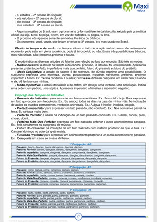 87
- tu estudas – 2ª pessoa do singular;
- vós estudais – 2ª pessoa do plural;
- ele estuda – 3ª pessoa do singular;
- eles estudam – 3ª pessoa do plural.
- Algumas regiões do Brasil, usam o pronome tu de forma diferente da fala culta, exigida pela gramática
oficial, ou seja, tu foi, tu pega, tu tem, em vez de: tu fostes, tu pegas, tu tens.
- O pronome vós aparece somente em textos literários ou bíblicos.
- Os pronomes: você, vocês, que levam o verbo na 3ª pessoa, é o mais usado no Brasil.
Flexão de tempo e de modo: os tempos situam o fato ou a ação verbal dentro de determinado
momento; pode estar em plena ocorrência, pode já ter ocorrido ou não. Essas três possibilidades básicas,
mas não únicas, são: presente, pretérito e futuro.
O modo indica as diversas atitudes do falante com relação ao fato que enuncia. São três os modos:
- Modo Indicativo: a atitude do falante é de certeza, precisão. O fato é ou foi uma realidade. Apresenta
presente, pretérito perfeito, imperfeito e mais que perfeito, futuro do presente e futuro do pretérito.
- Modo Subjuntivo: a atitude do falante é de incerteza, de dúvida, exprime uma possibilidade. O
subjuntivo expressa uma incerteza, dúvida, possibilidade, hipótese. Apresenta presente, pretérito
imperfeito e futuro. Ex: Tenha paciência, Lourdes; Se tivesse dinheiro compraria um carro zero; Quando
o vir, dê lembranças minhas.
- Modo Imperativo: a atitude do falante é de ordem, um desejo, uma vontade, uma solicitação. Indica
uma ordem, um pedido, uma súplica. Apresenta imperativo afirmativo e imperativo negativo.
Emprego dos Tempos do Indicativo
- Presente do Indicativo: para enunciar um fato momentâneo. Ex.: Estou feliz hoje. Para expressar
um fato que ocorre com frequência. Ex.: Eu almoço todos os dias na casa de minha mãe. Na indicação
de ações ou estados permanentes, verdades universais. Ex.: A água é incolor, inodora, insípida.
- Pretérito Imperfeito: para expressar um fato passado, não concluído. Ex.: Nós comíamos pastel na
feira; Eu cantava muito bem.
- Pretérito Perfeito: é usado na indicação de um fato passado concluído. Ex.: Cantei, dancei, pulei,
chorei, dormi...
- Pretérito Mais-Que-Perfeito: expressa um fato passado anterior a outro acontecimento passado.
Ex.: Nós cantáramos no congresso de música.
- Futuro do Presente: na indicação de um fato realizado num instante posterior ao que se fala. Ex.:
Cantarei domingo no coro da igreja matriz.
- Futuro do Pretérito: para expressar um acontecimento posterior a um outro acontecimento passado.
Ex.: Compraria um carro se tivesse dinheiro
1ª Conjugação: -AR
Presente: danço, danças, dança, dançamos, dançais, dançam.
Pretérito Perfeito: dancei, dançaste, dançou, dançamos, dançastes, dançaram.
Pretérito Imperfeito: dançava, dançavas, dançava, dançávamos, dançáveis, dançavam.
Pretérito Mais-Que-Perfeito: dançara, dançaras, dançara, dançáramos, dançáreis, dançaram.
Futuro do Presente: dançarei, dançarás, dançará, dançaremos, dançareis, dançarão.
Futuro do Pretérito: dançaria, dançarias, dançaria, dançaríamos, dançaríeis, dançariam.
2ª Conjugação: -ER
Presente: como, comes, come, comemos, comeis, comem.
Pretérito Perfeito: comi, comeste, comeu, comemos, comestes, comeram.
Pretérito Imperfeito: comia, comias, comia, comíamos, comíeis, comiam.
Pretérito Mais-Que-Perfeito: comera, comeras, comera, comêramos, comêreis, comeram.
Futuro do Presente: comerei, comerás, comerá, comeremos, comereis, comerão.
Futuro do Pretérito: comeria, comerias, comeria, comeríamos, comeríeis, comeriam.
3ª Conjugação: -IR
Presente: parto, partes, parte, partimos, partis, partem.
Pretérito Perfeito: parti, partiste, partiu, partimos, partistes, partiram.
Pretérito Imperfeito: partia, partias, partia, partíamos, partíeis, partiam.
Pretérito Mais-Que-Perfeito: partira, partiras, partira, partíramos, partíreis, partiram.
Futuro do Presente: partirei, partirás, partirá, partiremos, partireis, partirão.
Futuro do Pretérito: partiria, partirias, partiria, partiríamos, partiríeis, partiriam.
1712729 E-book gerado especialmente para WALTER JOSE MOREIRA
 