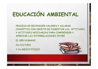 EDUCACIÓN AMBIENTAL
PROCESO DE RECONOCER VALORES Y ACLARAR
CONCEPTOS CON OBJETO DE FOMENTAR LAS APTITUDES
Y ACTITUDES NECESARIAS PARA COMPRENDER Y
APRECIAR LAS INTERRELACIONES ENTRE
EL SER HUMANO,
SU CULTURA
Y SU MEDIO FÍSICO
 