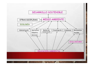 DESARROLLO SOSTENIBLE
MEDIO AMBIENTE
OTRAS DICIPLINAS
ECOLOGÍA
Administración Agricultura
Industria
Servicios
Medios de
comunicación
Investigación Ciudadanos Movimientos
Sociales
EDUCACIÓN AMBIENTAL
ECOLOGÍSMO
 