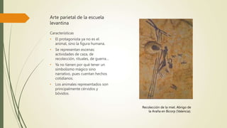 Arte parietal de la escuela
levantina
Características
• El protagonista ya no es el
animal, sino la figura humana.
• Se representan escenas:
actividades de caza, de
recolección, rituales, de guerra…
• Ya no tienen por qué tener un
simbolismo mágico sino
narrativo, pues cuentan hechos
cotidianos.
• Los animales representados son
principalmente cérvidos y
bóvidos.
Recolección de la miel. Abrigo de
la Araña en Bicorp (Valencia).
 