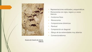 • Representaciones estilizadas y esquemáticas.
• Monocromía con rojos, negros y a veces
blancos.
• Contornos finos
• Monocromía
• Composiciones dinámicas
• Planitud
• Composición en diagonal
• Dibujo de las extremidades muy abiertas
• Convencionalismos
Escena de Cacería de ciervos,
Valltorta
 