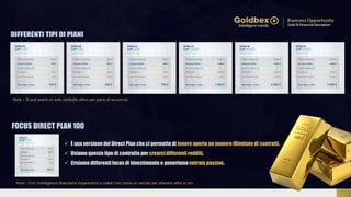 DIFFERENTI TIPI DI PIANI
Nota - Con l’intelligenza finanziaria impareremo a usare l’oro come un veicolo per ottenere attivi in oro.
FOCUS DIRECT PLAN 100
Nota – Si può avere un solo contratto attivo per piano di accumulo.
 È una versione del Direct Plan che ci permette di tenere aperto un numero illimitato di contratti.
 Usiamo questo tipo di contratto per crearci differenti redditi.
 Creiamo differenti focus di investimento e generiamo entrate passive.
 