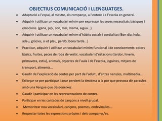 OBJECTIUS COMUNICACIÓ I LLENGUATGES.
•

Adaptació a l’espai, al mestre, als companys, a l’entorn i a l’escola en general.

•

Adquirir i utilitzar un vocabulari mínim per expressar les seves necessitats bàsiques i
emocions. (gana, pipí, son, mal, mama, aigua...)

•

Adquirir i utilitzar un vocabulari mínim d’hàbits socials i cordialitat (Bon dia, hola,
adéu, gràcies, si et plau, perdó, bona tarda...)

•

Practicar, adquirir i utilitzar un vocabulari mínim funcional i de coneixements: colors
bàsics, fruites, peces de roba de vestir, vocabulari d’estacions (tardor, hivern,
primavera, estiu), animals, objectes de l’aula i de l’escola, joguines, mitjans de
transport, aliments...

•

Gaudir de l’explicació de contes per part de l’adult , d’altres nens/es, multimedia...

•

Esforçar-se per participar i anar perdent la timidesa o la por que provoca dir paraules
amb una llengua que desconeixes.

•

Gaudir i participar en les representacions de contes.

•

Participar en les cantades de cançons a nivell grupal.

•

Memoritzar nou vocabulari, cançons, poemes, endevinalles...

•

Respectar totes les expressions pròpies i dels companys/es.

 