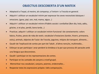 OBJECTIUS DESCOBERTA D'UN MATEIX
•

Adaptació a l’espai, al mestre, als companys, a l’entorn i a l’escola en general.

•

Adquirir i utilitzar un vocabulari mínim per expressar les seves necessitats bàsiques i
emocions. (gana, pipí, son, mal, mama, aigua...)

•

Adquirir i utilitzar un vocabulari mínim d’hàbits socials i cordialitat (Bon dia, hola, adéu,
gràcies, si et plau, perdó, bona tarda...)

•

Practicar, adquirir i utilitzar un vocabulari mínim funcional i de coneixements: colors
bàsics, fruites, peces de roba de vestir, vocabulari d’estacions (tardor, hivern, primavera,
estiu), animals, objectes de l’aula i de l’escola, joguines, mitjans de transport, aliments...

•

Gaudir de l’explicació de contes per part de l’adult , d’altres nens/es, multimedia...

•

Esforçar-se per participar i anar perdent la timidesa o la por que provoca dir paraules amb
una llengua que desconeixes.

•

Gaudir i participar en les representacions de contes.

•

Participar en les cantades de cançons a nivell grupal.

•

Memoritzar nou vocabulari, cançons, poemes, endevinalles...

•

Respectar totes les expressions pròpies i dels companys/es.

 