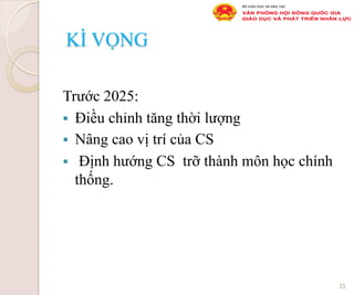 KÌ VỌNG
Trước 2025:
§  Điều chỉnh tăng thời lượng
§  Nâng cao vị trí của CS
§  Định hướng CS trỡ thành môn học chính
thống.
25
 