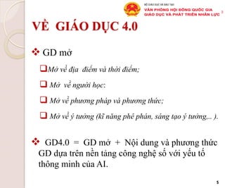 VỀ GIÁO DỤC 4.0
v GD mở
q Mở về địa điểm và thời điểm;
q Mở về người học:
q Mở về phương pháp và phương thức;
q Mở về ý tưởng (kĩ năng phê phán, sáng tạo ý tưởng,.. ).
v  GD4.0 = GD mở + Nội dung và phương thức
GD dựa trên nền tảng công nghệ số với yếu tố
thông minh của AI.
5
 