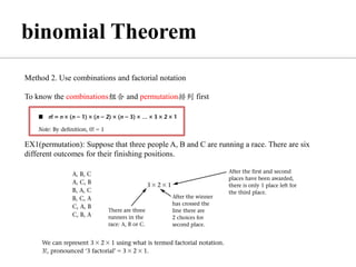 Method 2. Use combinations and factorial notation
To know the combinations组合 and permutation排列 first
EX1(permutation): Suppose that three people A, B and C are running a race. There are six
different outcomes for their finishing positions.
 