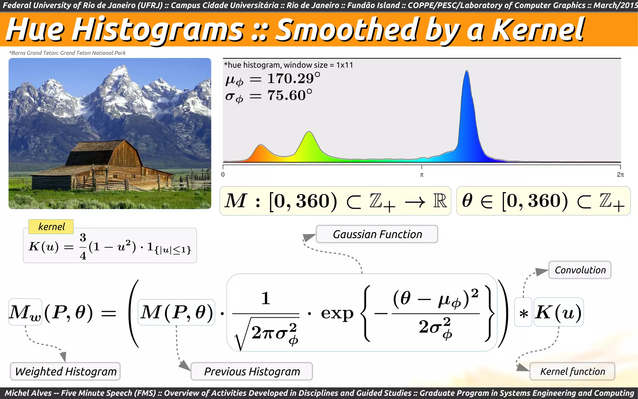 Federal University of Rio de Janeiro (UFRJ) :: Campus Cidade Universitária :: Rio de Janeiro :: Fundão Island :: COPPE/PESC/Laboratory of Computer Graphics :: March/2015
Michel Alves -- Five Minute Speech (FMS) :: Overview of Activities Developed in Disciplines and Guided Studies :: Graduate Program in Systems Engineering and Computing
Hue Histograms ::Hue Histograms :: Smoothed by a KernelSmoothed by a Kernel
*hue histogram, window size = 1x11
*Barns Grand Teton: Grand Teton National Park
kernel
Kernel function
Convolution
Gaussian Function
Previous HistogramWeighted Histogram
 