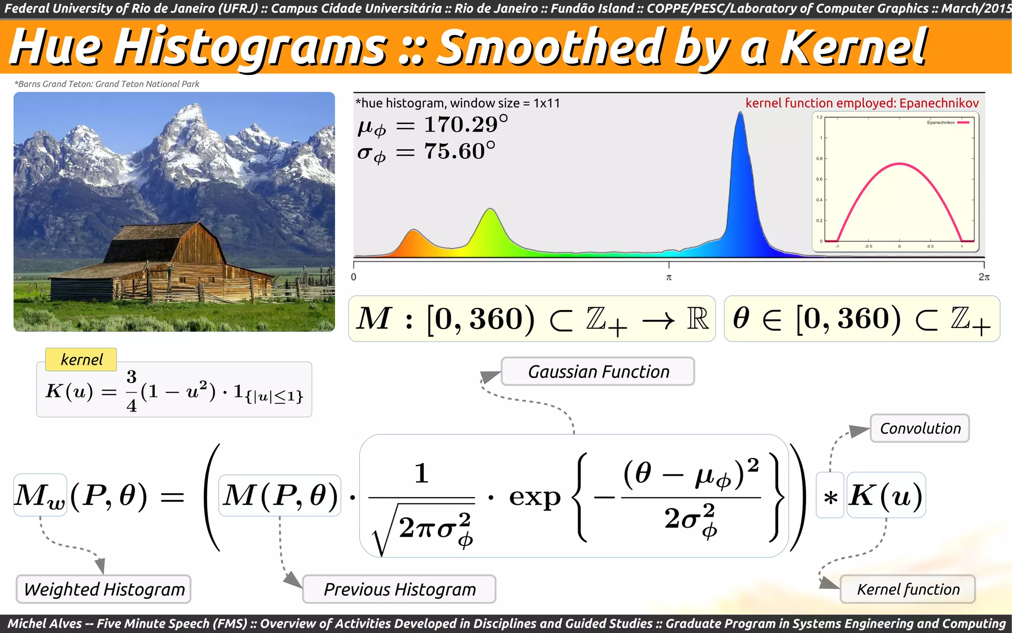 Federal University of Rio de Janeiro (UFRJ) :: Campus Cidade Universitária :: Rio de Janeiro :: Fundão Island :: COPPE/PESC/Laboratory of Computer Graphics :: March/2015
Michel Alves -- Five Minute Speech (FMS) :: Overview of Activities Developed in Disciplines and Guided Studies :: Graduate Program in Systems Engineering and Computing
Hue Histograms ::Hue Histograms :: Smoothed by a KernelSmoothed by a Kernel
*hue histogram, window size = 1x11
*Barns Grand Teton: Grand Teton National Park
kernel function employed: Epanechnikov
kernel
Kernel function
Convolution
Gaussian Function
Previous HistogramWeighted Histogram
 