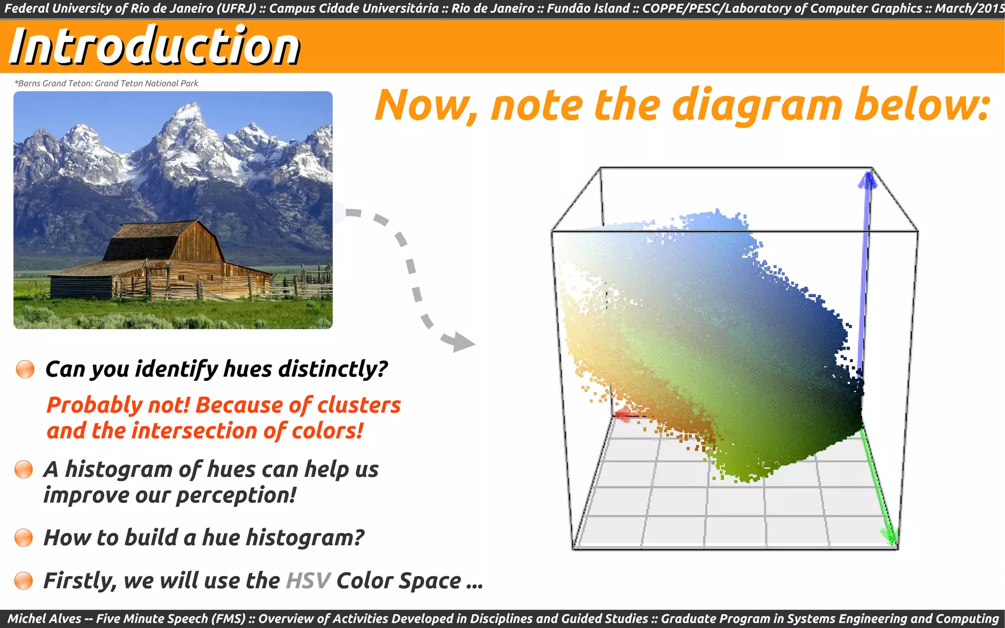 Federal University of Rio de Janeiro (UFRJ) :: Campus Cidade Universitária :: Rio de Janeiro :: Fundão Island :: COPPE/PESC/Laboratory of Computer Graphics :: March/2015
Michel Alves -- Five Minute Speech (FMS) :: Overview of Activities Developed in Disciplines and Guided Studies :: Graduate Program in Systems Engineering and Computing
IntroductionIntroduction*Barns Grand Teton: Grand Teton National Park
Firstly, we will use the HSV Color Space ...
How to build a hue histogram?
Now, note the diagram below:
Can you identify hues distinctly?
Probably not! Because of clusters
and the intersection of colors!
A histogram of hues can help us
improve our perception!
 