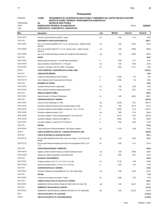 S10 Página 20
Presupuesto
"MEJORAMIENTO DE LOS SERVICIO DE AGUA POTABLE Y SANEAMIENTO DEL CENTRO POBLADO CCACCASIRI,
DISTRITO DE ACORIA , PROVINCIA Y DEPARTAMENTO DE HUANCAVELICA"
1102068
Presupuesto
SISTEMA DE AGUA POTABLE
001
Subpresupuesto
MUNICIPALIDAD PROVINIVAL DE HUANCAVELICA 25/09/2023
Costo al
Cliente
Lugar HUANCAVELICA - HUANCAVELICA - HUANCAVELICA
Precio S/. Parcial S/.
Item Descripción Und. Metrado
94.93
7.440
Pintura en muros exteriores con esmalte - 2 manos m2
02.04.14.07.01 12.76
EQUIPAMIENTO E INSTALACION HIDRAULICA
02.04.14.08 1,269.11
375.50
1.000
Sum. e inst. de arbol de INGRESO, Ø= 2", inc. tub., valvulas y acces. - caseta de valvulas
reservorio
und
02.04.14.08.01 375.50
346.68
1.000
Sum. e inst. de arbol de salida, Ø= 2" , inc. tub., valvulas y acces. - caseta de valvulas
reservorio
und
02.04.14.08.02 346.68
546.93
1.000
Sum. e inst. de sistema de limpieza y rebose, Ø=3", caseta de valvulas dereservorio und
02.04.14.08.03 546.93
VARIOS
02.04.14.09 164.51
60.34
2.000
Sellado de junta de construccion 1" con junta flexible de poliuretano m
02.04.14.09.01 30.17
85.28
1.000
Dado de concreto de 0.30x0.30x0.20m, f´c= 140 kg/cm2 und
02.04.14.09.02 85.28
18.89
0.050
Concreto f'c= 140 kg/cm2 + 30% P.M. (TM6") C/ Mezcladora m3
02.04.14.09.03 377.71
CERCO PERIMETRICO - RESERVORIO VISTA ALEGRE V=30M3
02.04.15 10,433.32
TRABAJOS PRELIMINARES
02.04.15.01 48.03
8.53
31.600
Limpieza de Terreno Manual en Cerco Perimetrico m
02.04.15.01.01 0.27
39.50
31.600
Trazo y Replanteo Inicial c/ Equipo para Cerco Perimetrico m
02.04.15.01.02 1.25
MOVIMIENTO DE TIERRAS
02.04.15.02 123.08
76.30
1.460
Excavación manual en terreno conglomerado m3
02.04.15.02.01 52.26
46.78
1.750
Retiro y acomodo de material excedente hasta Dp=30m m3
02.04.15.02.02 26.73
OBRAS DE CONCRETO SIMPLE
02.04.15.03 685.53
685.53
1.460
Dado de Concreto f´c=140 kg/cm2 C/Mezcladora m3
02.04.15.03.01 469.54
CARPINTERIA METALICA Y HERRERIA
02.04.15.04 8,875.04
2,831.79
39.000
Columna de Fierro Galvanizado 2" x 3.00m und
02.04.15.04.01 72.61
297.16
1.000
Suministro e Instalacion Puerta para Cerco Perimetrico (Angulo y malla) und
02.04.15.04.02 297.16
2,700.22
99.200
Suministro e Instalacion de Marco Metalico con Angulo de 1 1/2"x1 1/2"x x1/8" m
02.04.15.04.03 27.22
325.96
7.800
Suministro e Instalacion de Canal U 3"x4.1 und
02.04.15.04.04 41.79
2,067.28
29.170
Suministro e Instalacion - Paño de malla galvanizada N° 12 de 2.30x2.30 m. m
02.04.15.04.05 70.87
480.64
94.800
Suministro e Instalacion - Alambre de Puas 3@0.10 m m
02.04.15.04.06 5.07
171.99
6.500
Suministro e Instalacion - Tuberia de Fº Gº D=2"x0.50 mt. m
02.04.15.04.07 26.46
PINTURA
02.04.15.05 701.64
701.64
41.370
Pintura Anticorrosiva en Estructuras Metalicas - Para Angulos y canales U m2
02.04.15.05.01 16.96
CASETA DE MUROS DE LADRILLOS - CLORADOR POR GOTEO (01 UND)
02.04.16 3,882.89
CASETA DE SISTEMA DE CLORACION POR GOTEO
02.04.16.01 522.15
308.83
5.130
Muro de Ladrillo Pandereta de 24x12x10cm, Junta 1.5cm mortero 1:1:5 ( En El muro De
Caseta)
m2
02.04.16.01.01 60.20
213.32
4.490
Muro de Ladrillo Panereta Intercadalo (24x12x10) Amarre Soga Mortero JUNTA 1.5 cm,
1:1:5
m2
02.04.16.01.02 47.51
ESTRUCTURAS DE MADERA Y COBERTURA
02.04.16.02 500.96
325.90
1.000
Viguetas y correas de madera en techo, por unidad de Caseta de Cloracion und
02.04.16.02.01 325.90
175.06
4.800
Cobertura con Calamina Galvanizada 1.8mx0.83mx0.30mm m2
02.04.16.02.02 36.47
REVOQUES Y REVESTIMIENTOS
02.04.16.03 393.49
318.69
10.130
Tarrajeo en exteriores, mez. C:A 1:4, e=1.5 cm, h=1.5 m max m2
02.04.16.03.01 31.46
74.80
4.200
Derrrame en puertas ventanas h =0.10 m, C:A 1:2, e=2.0 cm m
02.04.16.03.02 17.81
CARPINTERIA METALICA Y HERRERIA
02.04.16.04 373.04
373.04
1.000
Suministro e Instalacion de Puerta Metalica de 1.50 x 1.00m, Según Diseño und
02.04.16.04.01 373.04
PINTURA
02.04.16.05 77.58
77.58
6.080
Pintura en muros exteriores con esmalte - 2 manos m2
02.04.16.05.01 12.76
TANQUE DE AGUA DE 250 LTS, INCLUYE ACC. INTERNOS
02.04.16.06 642.27
642.27
1.000
SUMINISTRO E INSTALACION DE TANQUE DE POLIETILENO, CAP.=250 LTRS und
02.04.16.06.01 642.27
SUMINISTRO E INSTALACION DE CLORADOR
02.04.16.07 1,373.40
1,373.40
1.000
SUMINISTRO E INSTALACION DE CLORADOR POR GOTEO CC. PP. CCACCASIRI und
02.04.16.07.01 1,373.40
LINEA DE ADUCCION CC. PP. CCACCASIRI
02.05 31,222.08
LINEA DE ADUCCION CC. PP. CCACCASIRI (666.00m)
02.05.01 31,222.08
25/09/2023 15:38:06
Fecha :
 