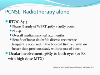 PCNSL: Radiotherapy alone
RTOG 8315
Phase II study of WBRT 40Gy + 20Gy boost
N = 41
Overall median survival 12.2 months
Benefit of boost doubtful: disease recurrence
frequently occurred in the boosted field, survival no
better than previous study without use of boost
Ocular involvement: 36Gy to both eyes (or Rx
with high dose MTX)
Nelson DF et al. IJROBP Volume 23, Issue 1, 1992, Pages 9–17
 