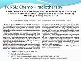 PCNSL: Chemo + radiotherapy
 CR 58%, PR 36% (Overall RR 94%)
 Overall survival 37 months
 15% ( 12 patients) developed severe delayed neurologic toxicity
 8 out of 12 died ( 5/8 from the group > 60 years of age and 3/8 from < 60 years of age)
 