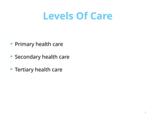 Levels Of Care
 Primary health care
 Secondary health care
 Tertiary health care
5
 