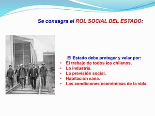 El Estado debe proteger y velar por:
• El trabajo de todos los chilenos.
• La industria.
• La previsión social.
• Habitación sana.
• Las condiciones económicas de la vida.
Se consagra el ROL SOCIAL DEL ESTADO:
 