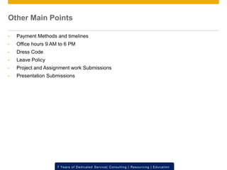 © 2012 SAP AG. All rights reserved. ‹#›7 Years of Dedicated Service| Consulting | Resourcing | Education
Other Main Points
• Payment Methods and timelines
• Office hours 9 AM to 6 PM
• Dress Code
• Leave Policy
• Project and Assignment work Submissions
• Presentation Submissions
 